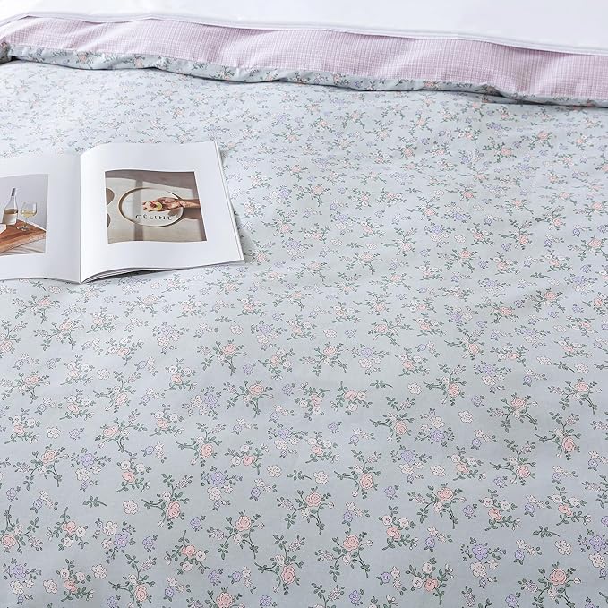 HoneiLife Floral Duvet Cover Queen - 100% Cotton Comforter Cover, Botanical Bedlinen Set with Zipper Closure & Corner Ties, 3-PC Wildflower Comforter Cover Sets