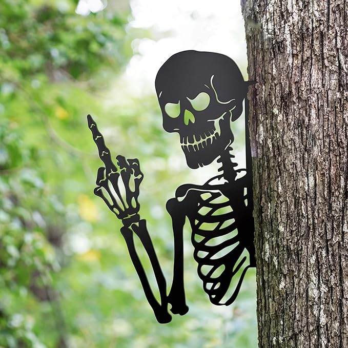 Gothic Peeking Skull Wall Art - Ornate Skeleton Decor with Playful Lean-Out Design, Versatile Indoor and Outdoor Use for Wall, Tree, or Garden, Elegant Goth Home Accent