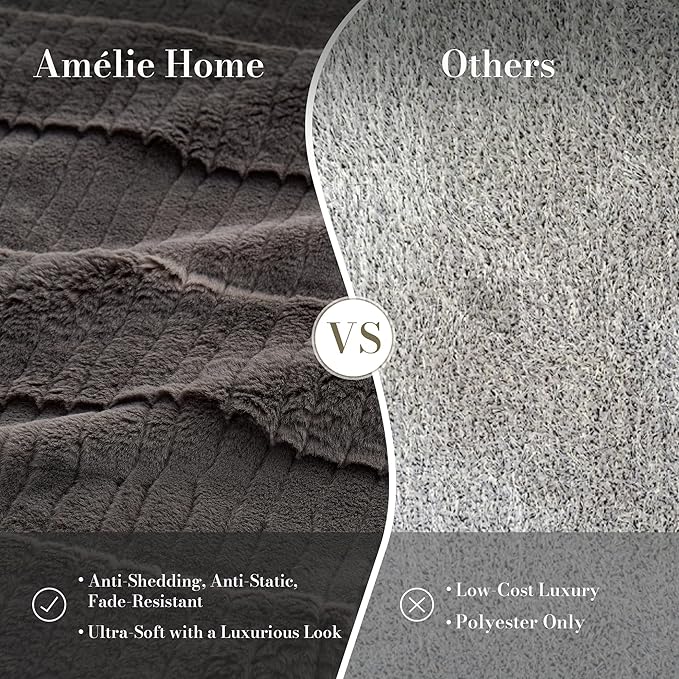 Amélie Home Luxury Striped Faux Fur Throw Blanket for Couch, Soft Cozy Fuzzy Fluffy Plush Blankets for Sofa Chair Gift for Women, 55"x70", Charcoal Gray