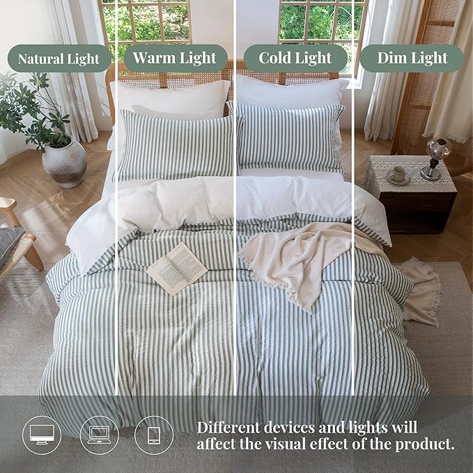 MILDLY Jacquard Stripe Duvet Cover - Sage Green 100% Washed Cotton Boho Textured Comforter Cover 3pcs with Zipper Closure 104"x90"