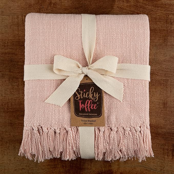 Sticky Toffee Woven Cotton Throw Blanket 60x50 in – Blush Pink Textured Blanket with Fringe for Couch or Bed, Thick and Durable, Boho Decorative Style
