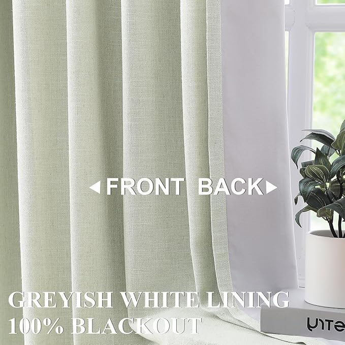 Vision Home Soft Green Pinch Pleated Full Blackout Curtains Linen Blended Room Darkening Window Curtains 112 inch for Living Room Bedroom Thermal Insulated Pinch Pleat Drapes with Hooks 60" Wx112 Lx1