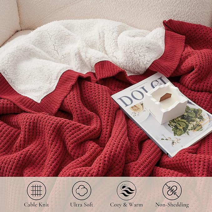 Amélie Home Reversible Waffle Weave Throw Blanket, Chenille Knit with Warm Sherpa, Soft Cozy Blanket for Couch, 50"x60", Red