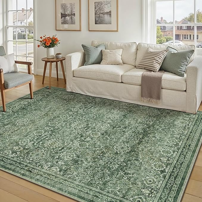 5x7 Vintage Area Rug Green Washable Living Room Large Non Slip Carpet Bedroom Indoor Office Low Pile Traditional Distressed Retro Floral Accent Rug for Dining Room Bathroom Kitchen