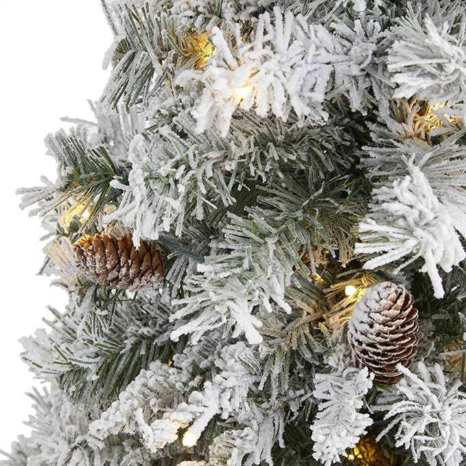 Nearly Natural 3ft. Flocked White River Mountain Pine Artificial Christmas Tree with Pinecones and 50 Clear LED Lights