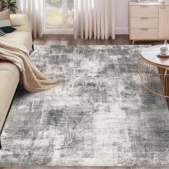 6x9 Modern Abstract Rug Washable Area Rugs for Living Room Bedroom Dining Room Non-Slip Low Pile Neutral Large Rug Soft Indoor Floor Carpet, Gray