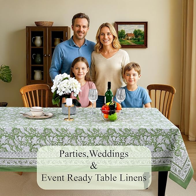 CPC Tablecloth 100% Cotton 70x108 Inch Indian Block Print Rectangle Table Cover, Green Table Cloth for Weddings, Spring/Summer, Barbeque - Olive Green