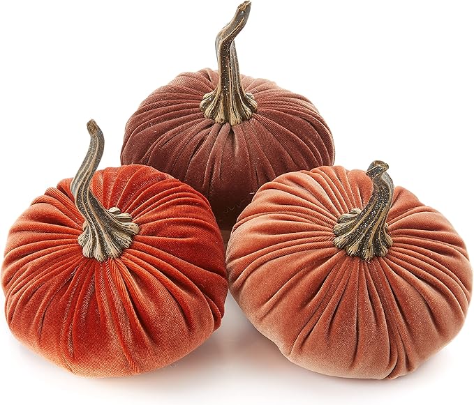 Set of 3 Velvet 6.25 Inch Pumpkins, autumn decor, Halloween indoor decor, fall cozy vibe, gift set, bowl filler centerpiece, gift set for hostess, pumpkin spice (Harvest, Bronze, Rust)