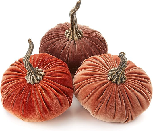 Set of 3 Velvet 6.25 Inch Pumpkins, autumn decor, Halloween indoor decor, fall cozy vibe, gift set, bowl filler centerpiece, gift set for hostess, pumpkin spice (Harvest, Bronze, Rust)