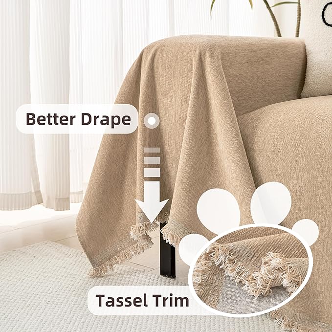 Couch Cover for 3 Cushion Couch Chenille Sofa Cover Sectional Couch Covers, Couch Cover for Dogs Washable, Soft Non-Slip Sofa Slipcover Sofa Protector Futon Cover, 71''x134'', Khaki