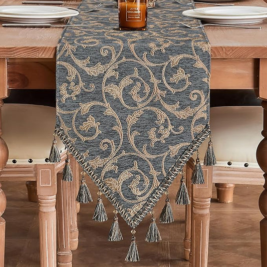 Loom and Mill Elegant Damask Table Runner 90 inches Long, Classic Acanthus Chenille Jacquard Table Runners with Tassels for Dining Room Dresser Party Banquet Decoration (Blue-Grey+Khaki,13x90 inch)