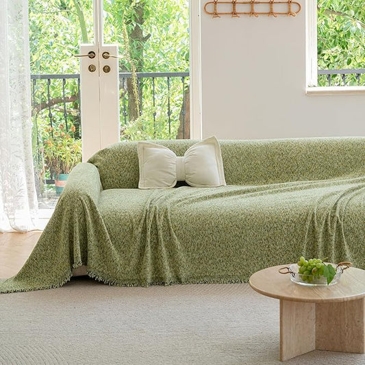 ROOMLIFE Green Sofa Cover, Extra Large Boho Couch Cover Sofa Covers for 3 Cushion Couch, Soft Chenille Sofa Cover for Dog, Washable Furniture Sofa Protector Cover Blanket with Tassel 71 '' X 150''