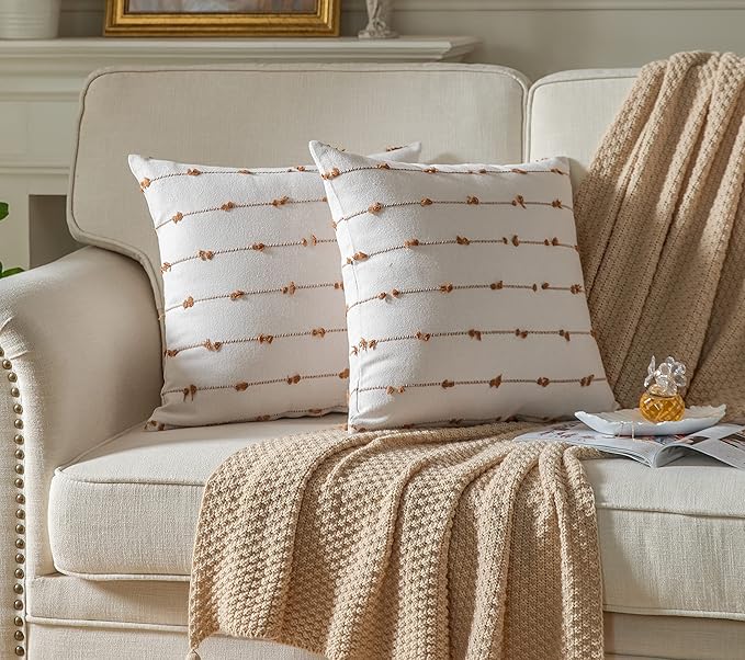Caflife Boho Throw Pillow Covers 18x18 inches Beige and Brown, Set of 2 Modern Farmhouse Decorative Pillow Covers for Couch Bed, Living Room