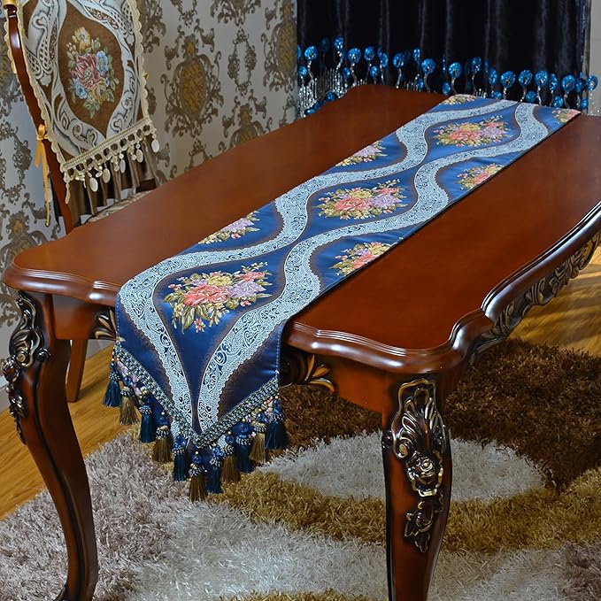 Extra Luxury Velvet Blue Table Runner 120 Inches Long with Vintage Damask Jacquard Design for Dining Room,Living Room,Home Decor,Elegant Beaded Tapestry (X-Blue, 13×120 inch)