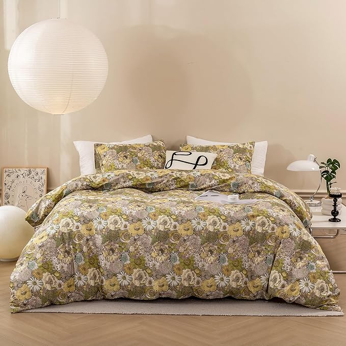 ECOCOTT Floral Duvet Cover Queen Size - Vintage Chic Garden Style Floral Pattern Printed Flower Duvet Cover Set Super Soft Comforter Quilt Cover with Zipper Closure 4 Ties