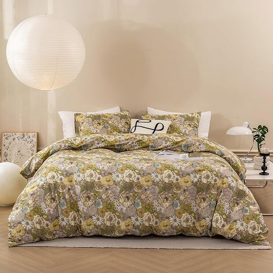 ECOCOTT Floral Duvet Cover Queen Size - Vintage Chic Garden Style Floral Pattern Printed Flower Duvet Cover Set Super Soft Comforter Quilt Cover with Zipper Closure 4 Ties