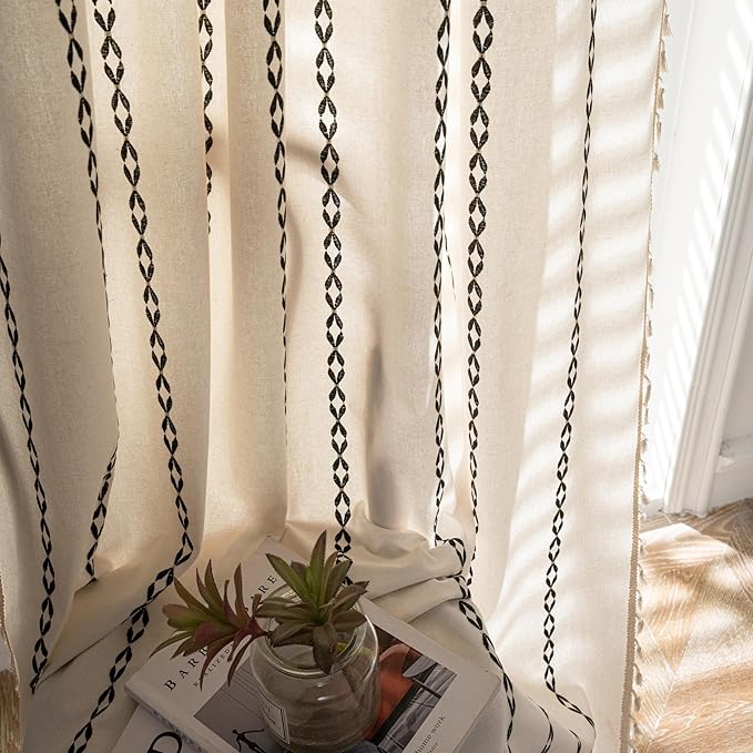 Sutuo Home Boho Curtains 63 Inch Length for Bedroom Living Room, Rod Pocket Light Filtering Cotton Embroideried Bohemian Striped Semi Blackout Farmhouse Decor, White and Black 1 Panel W52 x L63
