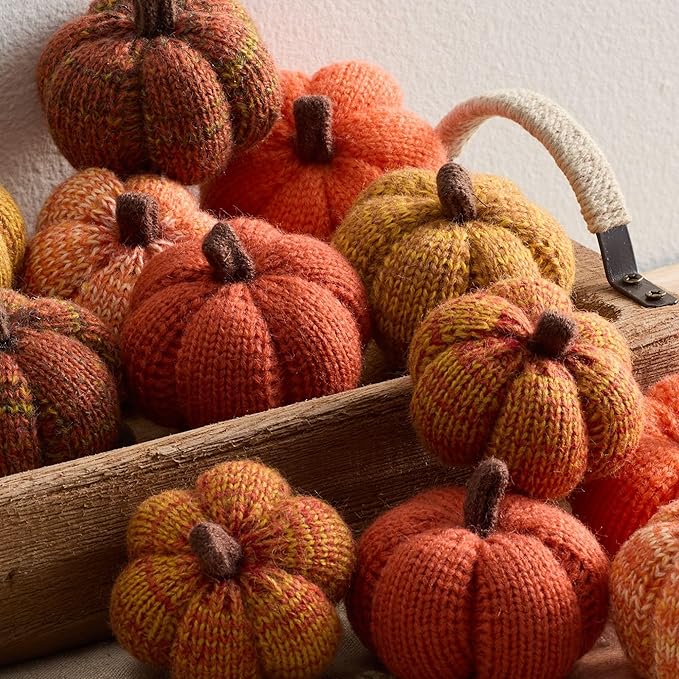 Your Heart's Content Set of 12 Cozy Mini Knit Orange Pumpkins, Fall Gold Rust Home décor Accent, Table top Thanks Giving, Soft Autumn Home Decor (Sunset Full Set)