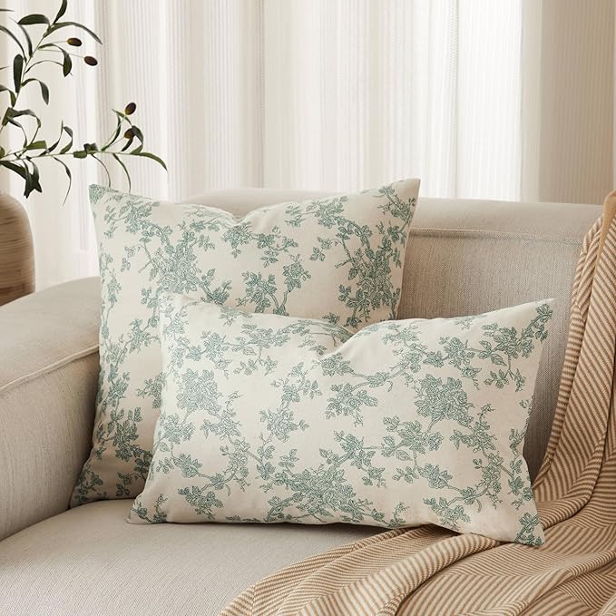 100% Cotton French Pastoral Lumbar Throw Pillow Covers Set of 2, 12x20 Inch Vintage Green Farmhouse Decorative Cushion Covers for Sofa Bed Living Room Home Decor
