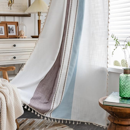 Sutuo Home Boho Curtains 96 inches for Bedroom Living Room, Semi Blackout Linen Farmhouse Tassels Window Treatment Bohemian Embroidery Drape, Rod Pocket 1 Panel 52" W x 96" L, Brown Blue Striped Linen