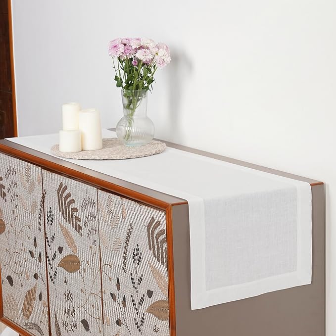 D'Moksha Homes Linen White Table Runner 120 Inches Long - 100% Pure Linen Dining Table Runner 14 x 120 Inch for Fall, Thanksgiving, Christmas, Holiday - Machine Washable