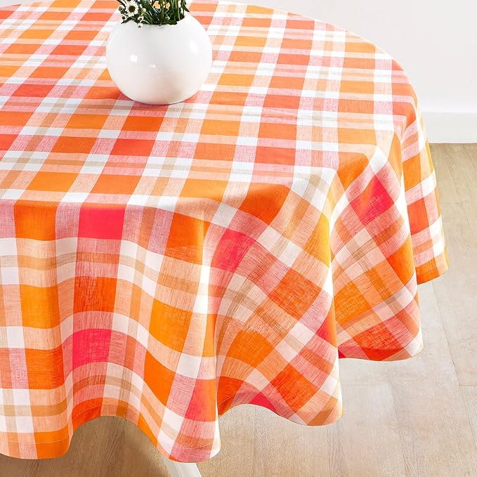 Solino Home Linen Round Tablecloth 60 Inch - 100% Pure Linen Plaid Fall Table Cloth - Autumn, Thanksgiving, Holiday, Fall Buffalo Check Machine Washable Tablecloth