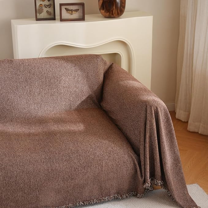 Brown Couch Cover Sectional Sofa Covers for 3 Cushion Couch Herringbone Chenille Couch Cover with Tassel Pet Protector Couch Covers for Dogs(Chocolate, XX-Large, 71" x 150")