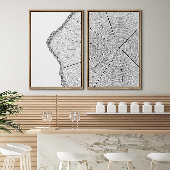 SIGNWIN Framed Canvas Print Wall Art Set Wood Grain Cross Section Minimalist Tree Ring Line Zen Bohemian for Living Room, Bedroom, Office - 16"x24"x2 NATURAL
