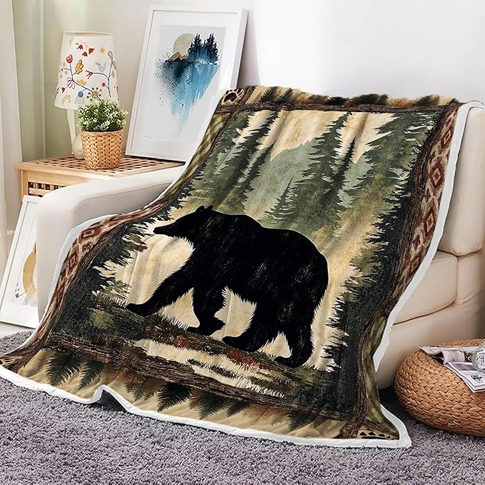 Cabin Throw Blankets, Rustic Farmhouse Hunting Deer Bear Sports Cozy Warm Bed Couch Blanket, Country Wooden Camping Forest White Fleece Flannel Throws to Decorate The Room and Bedroom
