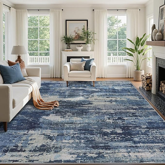 Area Rugs 9x12 Living Room: Large Machine Washable Area Rug with Non Slip Backing Non Shedding Abstract Stain Resistant Carpet for Bedroom Dining Room Nursery Home Office - Beige/Blue