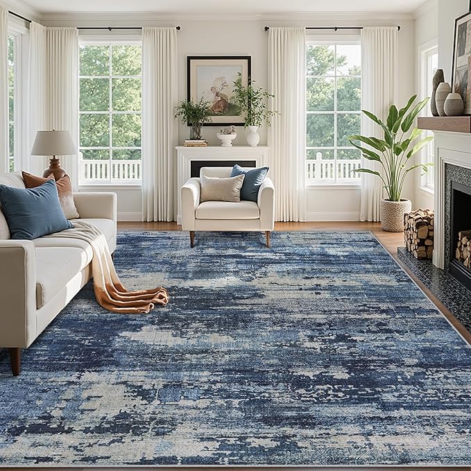 10x14 Area Rugs for Living Room: Large Machine Washable Area Rug with Non Slip Backing Non Shedding Abstract Stain Resistant Carpet for Bedroom Dining Room Nursery Home Office - Beige/Blue