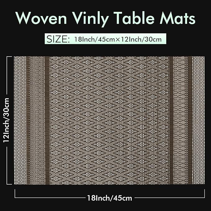 FAVE Placemats Set of 6 Brown Placemat Woven with Silver Thread Vinyl Placemats Heat Resistant Table Mats Set of 6 High Texture Place Mats for Kitchen Table(Brown)
