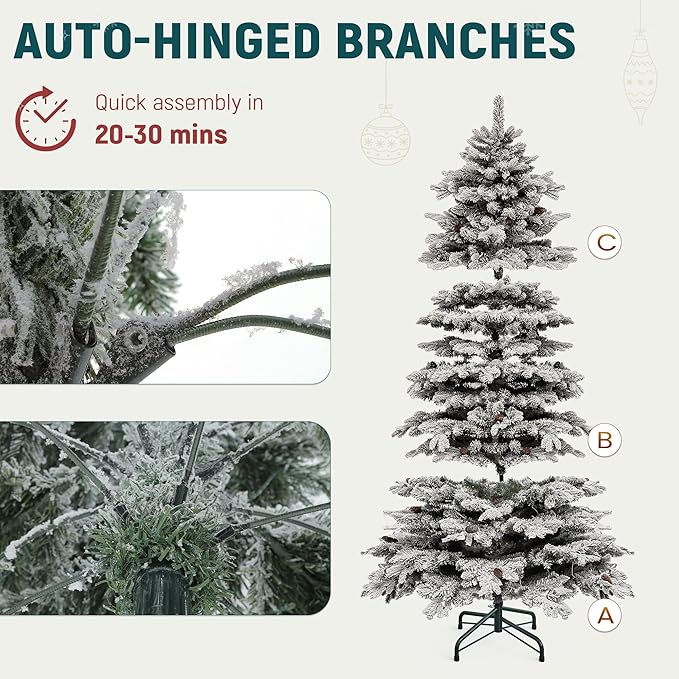 YITAHOME 7.5FT Prelit Flocked Christmas Tree w/Remote, Pre-Decorated Mountain Pine Hierarchical Tower Flocked Xmas Tree w/ 1278 Tips, 55 Pine Cones, 550 Lights & 11 Modes for Home, Party Decoration