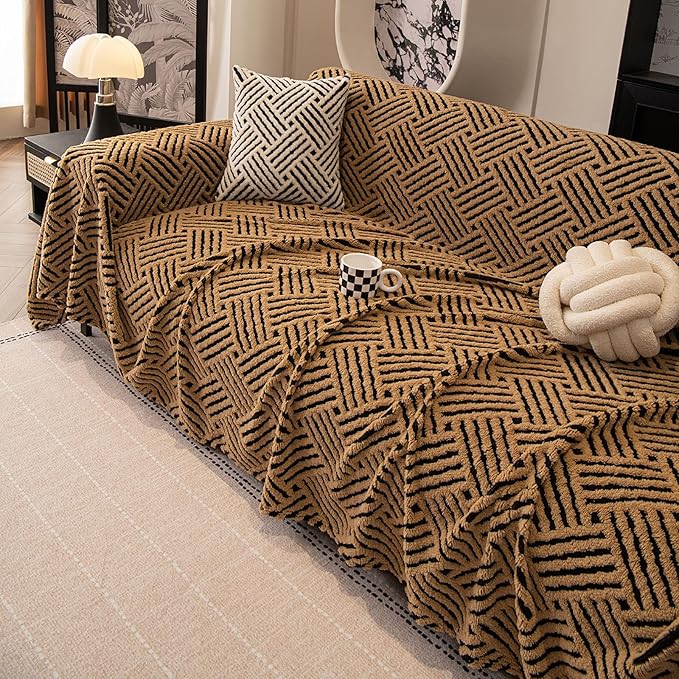 ROOMLIFE Striped Boho Khaki Couch Cover for 2-3 Cushion Sofa, Fuzzy Plush Warm Sofa Slipcovers Sectional Sofas Covers, Non Slip Washable Furniture Protector Soft with Tassel,Winter 71''X134”