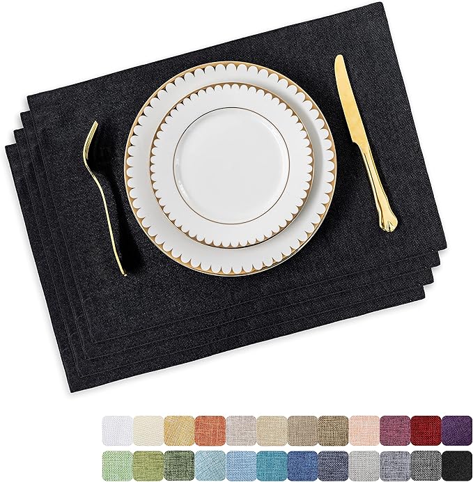 Home Brilliant Black Placemats Set of 4 Heat Resistant Table Mats Cloth Dining Table Place Mats Kitchen Washable Placemat New Year, Black