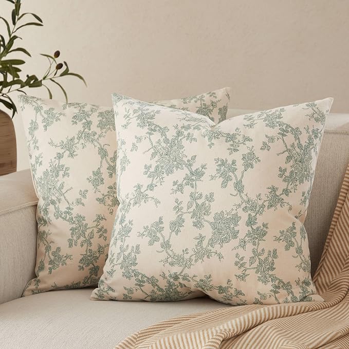100% Cotton French Pastoral Throw Pillow Covers Set of 2, 24x24 Inch Vintage Green Farmhouse Decorative Cushion Covers for Sofa Bed Living Room Home Decor