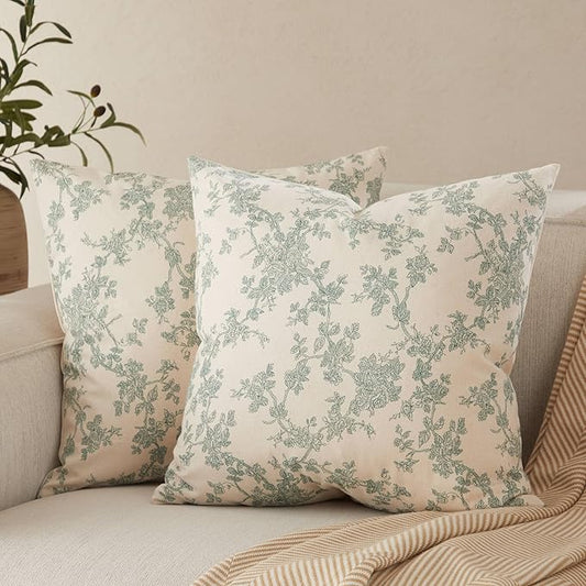 100% Cotton French Pastoral Throw Pillow Covers Set of 2, 16x16 Inch Vintage Green Farmhouse Decorative Cushion Covers for Sofa Bed Living Room Home Decor