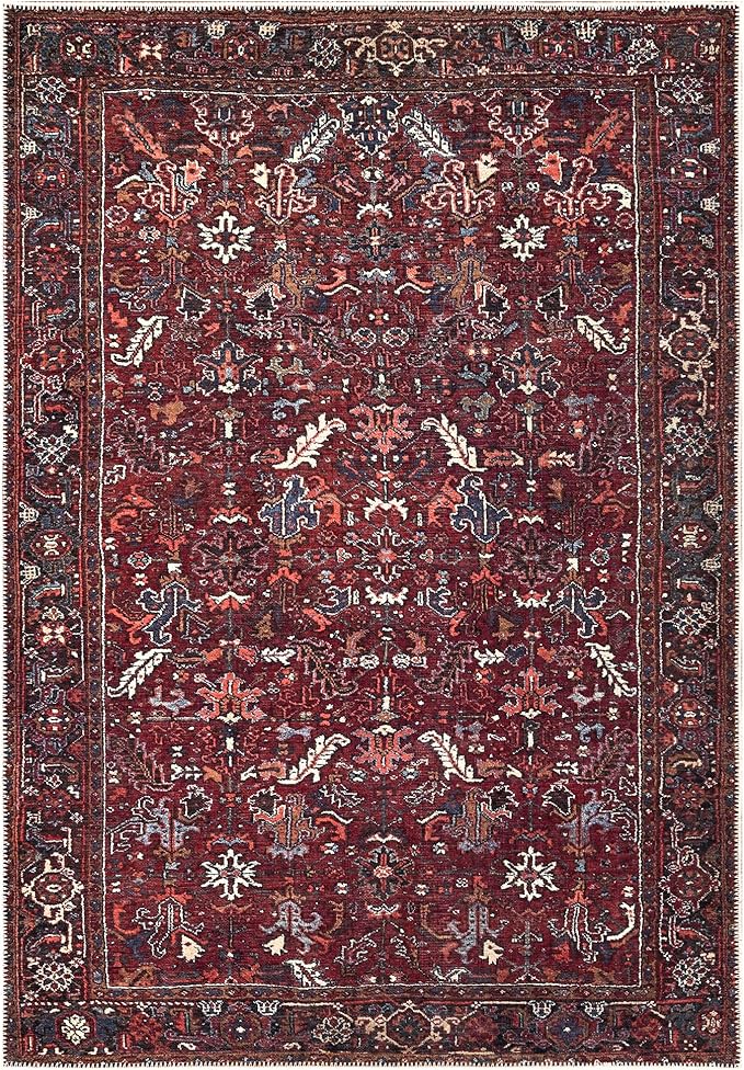 Bloom Rugs Washable Non-Slip 5' x 7' Rug - Burgundy Traditional Bordered Area Rug for Living Room, Bedroom, Dining Room, and Kitchen - Exact Size: 5' x 7'