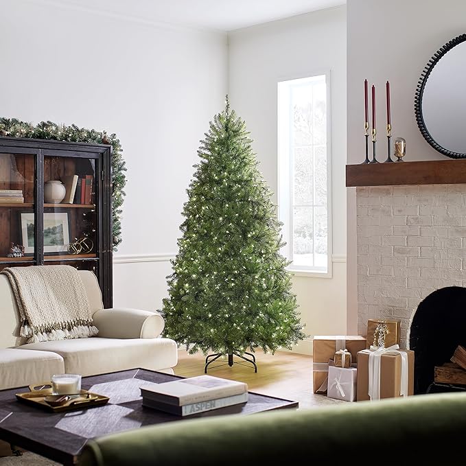 National Tree Company 7 ft Pre-Lit Dunhill Fir Artificial Christmas Tree, 650 LED Lights, 2,144 Tips, PowerConnect, Foot Pedal, 10 Light Functions, Includes Stand, Green