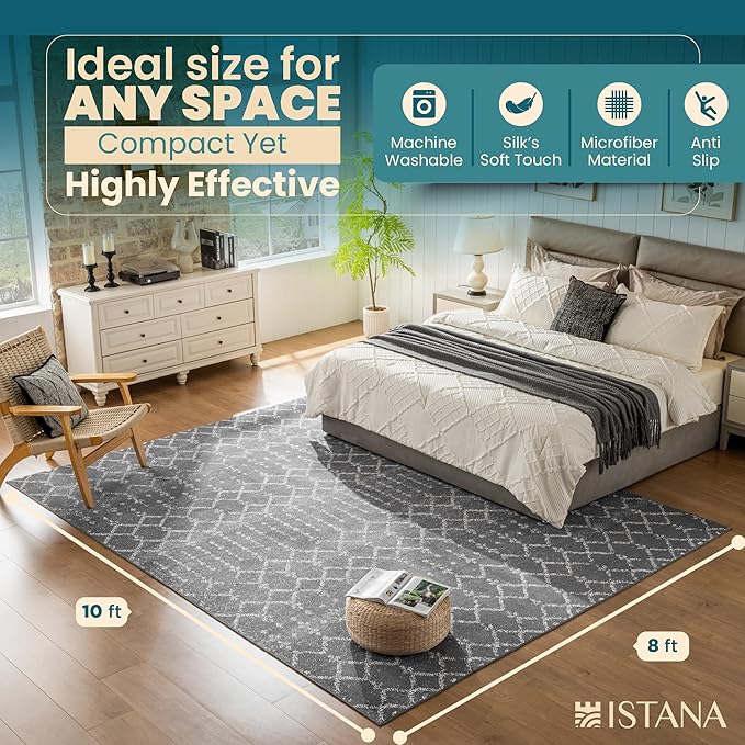 Istana 8x10 Area Rug - Dark Grey 8x10 Rugs for Living Room - Foldable Rugs for Bedroom - Stain Resistant Washable Rug - Eco-Friendly Area Rugs - Easy to Clean Living Room Rug