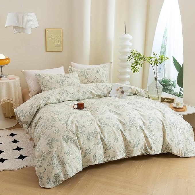 ECOCOTT 3 Pieces Duvet Cover Set with Vintage Green Leaves Pattern 100% Natural Cotton, Ultra Soft and Easy Care Breathable Cozy Simple Style Bedding Set (King Size)