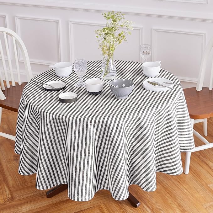 Solino Home Linen 60 Inch Round Tablecloth - Amalfi Stripe, 100% Pure Linen Black and White Round Tablecloth - Machine Washable Table Cloth for Fall, Autumn, Winter, Thanksgiving