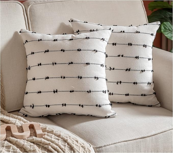 Caflife Boho Throw Pillow Covers 18x18 inches Beige and Black, Set of 2 Modern Farmhouse Decorative Pillow Covers for Couch Bed, Living Room