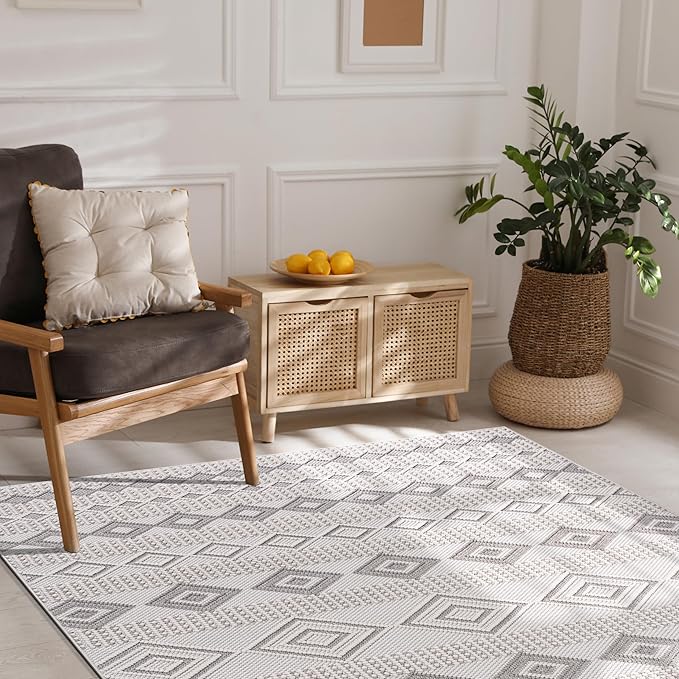 CAMILSON Micro Loop Rug 8x10 Modern Luxury Geometric Moroccan Diamond Area Rugs Soft High - Low Pile Stain Resistant Easy-Cleaning Non-Shedding for Living Room Office Indoor Carpet (8 x 10 White-Gray)