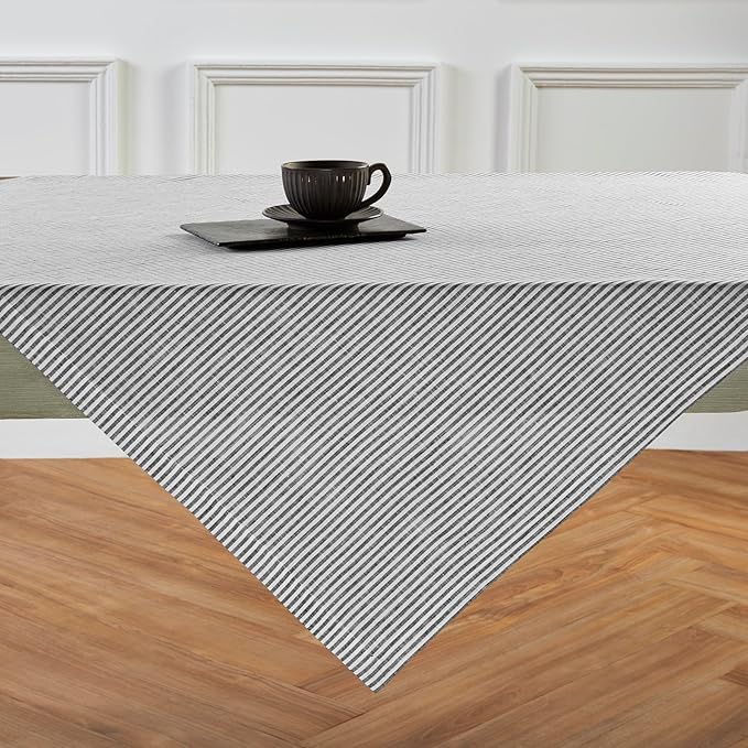Solino Home Linen Square Tablecloth 52 x 52 Inch - Narrow Stripe, 100% Pure Linen Black and White Table Throw - Machine Washable Tablecloth for Fall, Autumn, Winter, Thanksgiving, Christmas