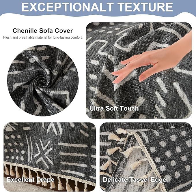 VClife Bohemian Couch Cover Sectional Sofa Cover Washable for L Shape Sofa, 1 PC Soft Chenille Couch Cover for 2 Cushion Couch - Boho Black White Jacquard Loveseat Slipcover for Couch Bed, 71" x 118"