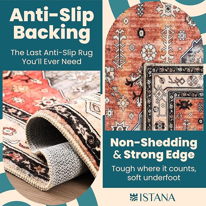 Istana Rugs 3x5 - Red & Teal 3x5 Washable Rug - Kid & Pet Friendly Dining Room Rug for Under Table - Non Shedding Foldable Non Slip Area Rug - Eco-Friendly Materials for Red Teal Rugs