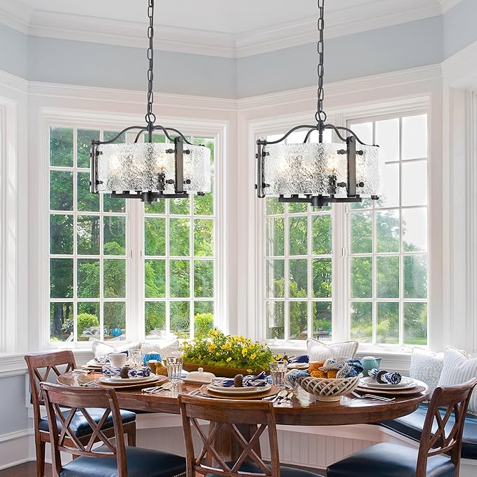 16.1" Black Glass Drum Chandelier - 4-Light Farmhouse Pendant Light Modern Round Ceiling Light Fixture with Adjustable Hanging Chain for Dining Room, Kitchen, Living Room, Foyer, Entryway