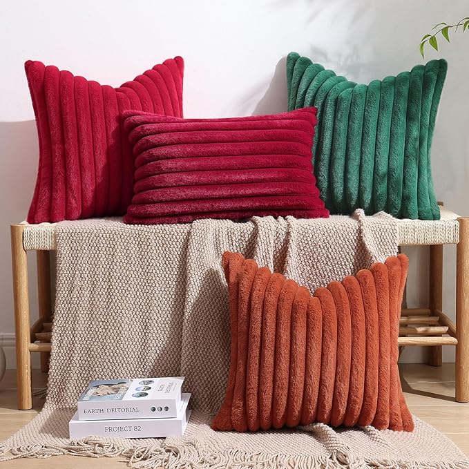 decorUhome Faux Fur Christmas Throw Pillow Covers 16x16 Set of 2, Decorative Soft Plush Striped Neutral Couch Euro Pillow Covers with Velvet Back for Sofa, Bed, Living Room Home Decor, Red