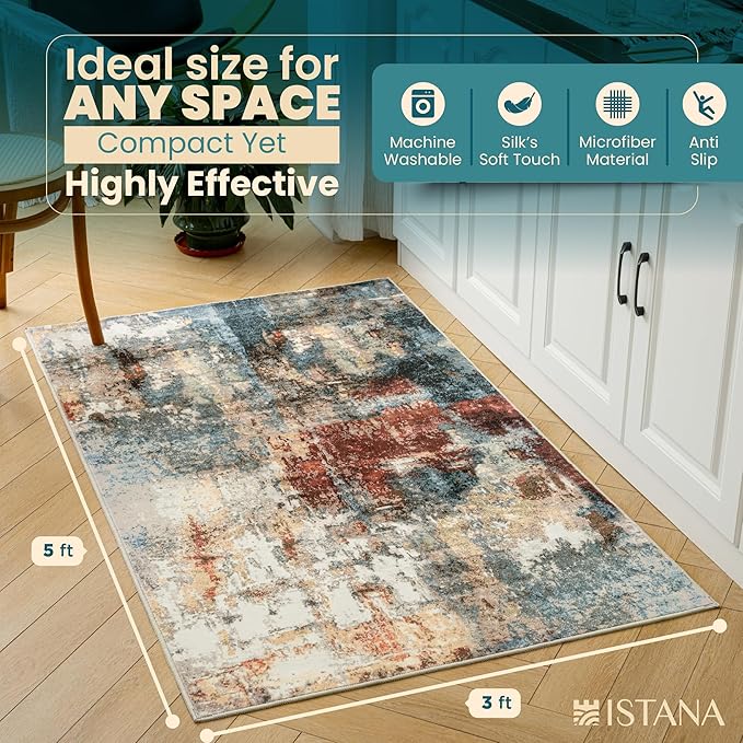 Istana 3x5 Area Rug - Multi/Red Modern Rugs for Living Room 3x5 - Foldable Rugs for Bedroom/Living Room Rug - Stain Resistant Washable Rug - Eco-Friendly Small Area Rugs
